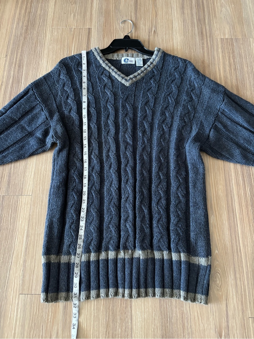 Vintage 90s Arizona Cable Knit Sweater Blue V-Neck Wool Mens XL Preppy Fisherman - Picture 6 of 7